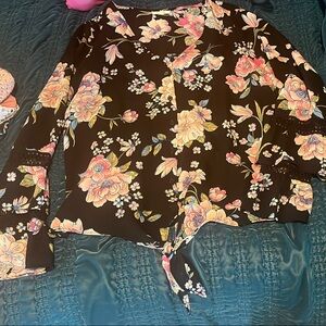 Maurices Floral Tie Front Blouse with Peter Pan Collar